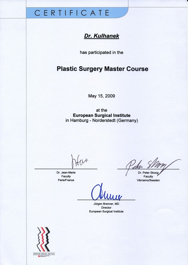 Certifikát Plastic Surgery Master Course